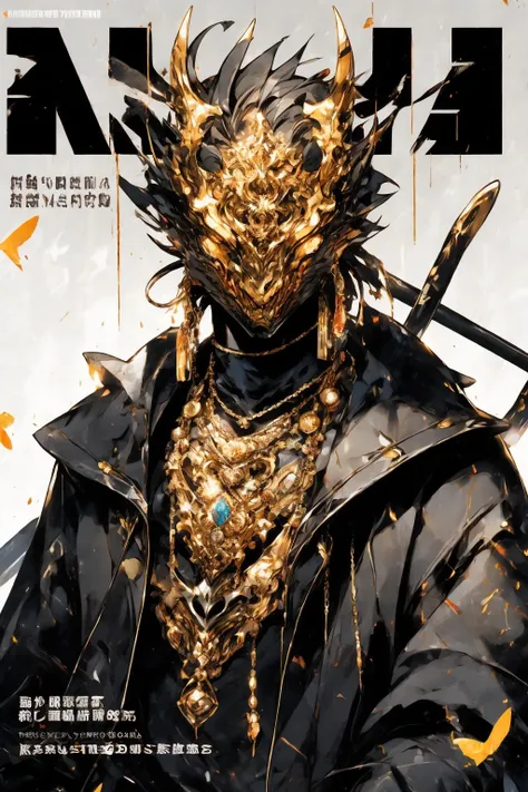 <lora:Henshin-000008:0.4>, <lora:Magazine-10:0.6>, Magazine cover BREAK
Henshin, solo, looking_at_viewer, black_hair, 1boy, jewelry, yellow_eyes, upper_body, male_focus, earrings, hand_up, grey_background, necklace, fingernails, orange_eyes, mask, turtleneck, chain, ring, dragon, multiple_rings, ultra realistic,32k,RAW photo,(high detailed skin:1.2), 8k uhd, dslr, soft lighting, high quality, film grain