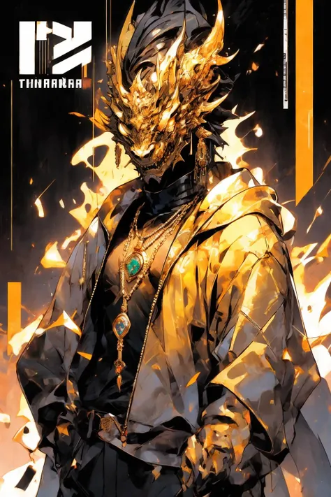 <lora:Henshin-000008:0.4>, <lora:Magazine-10:0.4>, Magazine cover BREAK
Henshin, solo, looking_at_viewer, black_hair, 1boy, jewelry, yellow_eyes, upper_body, male_focus, earrings, hand_up, grey_background, necklace, fingernails, orange_eyes, mask, turtleneck, chain, ring, dragon, multiple_rings, ultra realistic,32k,RAW photo,(high detailed skin:1.2), 8k uhd, dslr, soft lighting, high quality, film grain