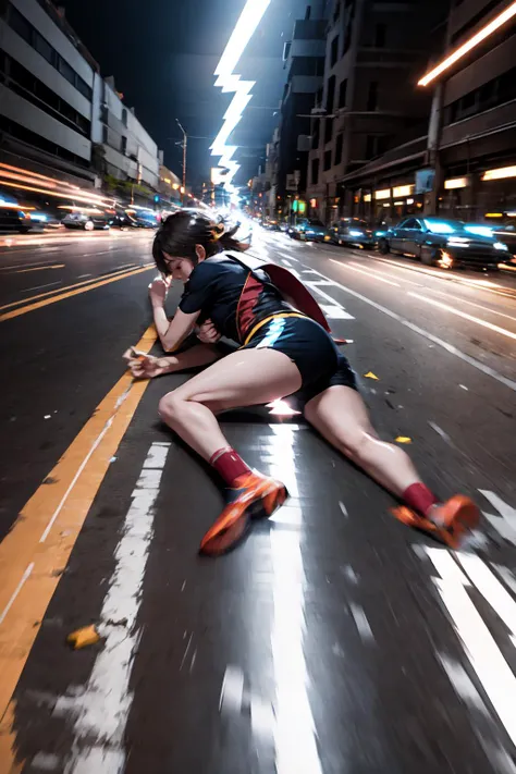 High Quality, Masterpiece, 1girl, solo, super_speed, running, lighting, light trails, (motion blur), <lora:Pos_SuperSpeedRunning:0.7>, yamachapose, lying, on side, closed eyes, <lora:Pos_YamchaPose:1>
