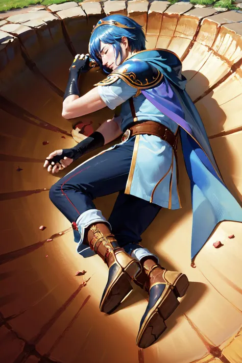 Highly detailed, High Quality, Masterpiece, beautiful, marth, tiara, cape, armor, blue tunic, fingerless gloves, belt, pants, boots, <lora:Char_FireEmblem_Marth:0.7>, yamachapose, lying, on side, closed eyes, <lora:Pos_YamchaPose:1>