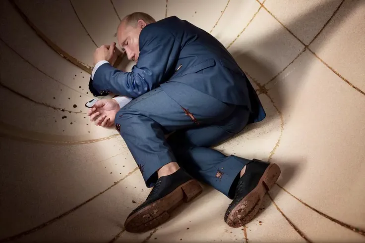 putin, (wearing ruined suit:1.4), yamuchapose, lying, on side, closed eyes, intricate details, masterpiece, best quality,  beautiful lighting, ray tracing, physically-based rendering, detailed background, <lora:yamchaPoseMeme_v10:1>,  <lora:putinTheLoser_v1:0.8>
