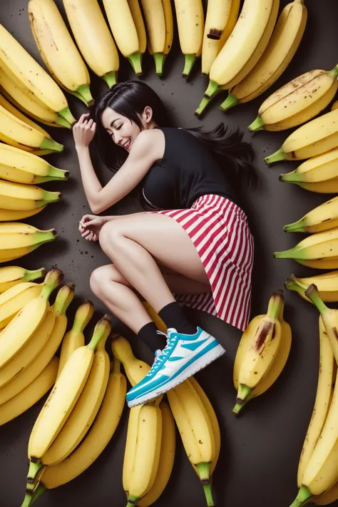 (masterpiece, best quality:1.2), tifa lockhart, <lora:yamchaPoseMeme_v10:1>, solo, 1girl, kyoko \(rcg\), yamachapose, smile, closed mouth, closed eyes, jacket, red necktie, pleated skirt, kneehighs, blue sneakers, bloody, ((lying on banana land), banana all over the place:1.2),