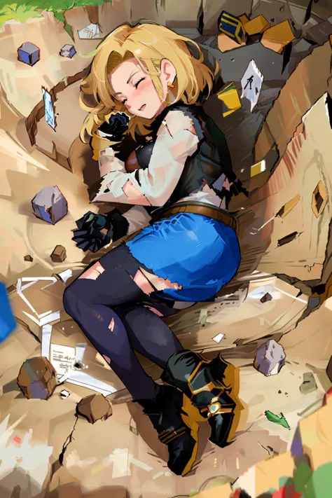 android_18, and18, 1girl,(masterpiece, best quality:1.2), <lora:android1818DragonBall_v1:0.9>,full body,(and18:1.5),blonde hair, jewelry, earrings,short hair,(torn to pieces:1.3), belt, mini skirt, black pantyhose,messy hair,black gloves,large breasts, closed mouth,
vest, long sleeves,, yamachapose, lying, on side, closed eyes,(inside a very long huge crater),scattered rubble,OC illustration,
<lora:yamchaPoseMeme_v10:0.8> <lora:ocIllustration_v10:0.4>