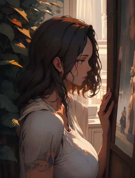 Sexy woman with light brown flowing hair, beautiful detailed face, wearing a colored sundress,curious look,painterly,portrait,oil on canvas,symmetrical,artstation trending,concept art,highly detailed,sharp focus,illustration,art by artgerm and greg rutkowski and alphonse mucha and Norman Rockwell, <lora:snowlight:1>
