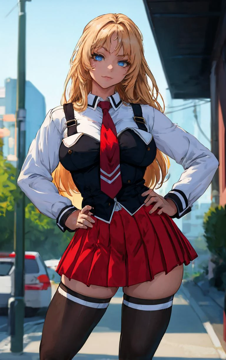 ((masterpiece, best quality)), insaneres, absurdres, solo, outdoors,
CLOTHING_BibleBlack_SchoolDress_ownwaifu,
1girl, blonde hair, long hair, blue eyes,
black vest, red skirt, white shirt, collared shirt, suspenders, school uniform, black thighhighs, zettai ryouiki, necktie, long sleeves, pleated skirt, red necktie,
(contrapposto, hand on hip)<lora:CLOTHING_BibleBlack_SchoolDress_ownwaifu:1>,
lens flare, depth of field, bokeh, embers, vanishing point, looking at viewer,