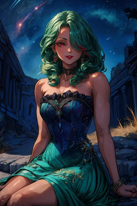 (masterpiece:1.2, best quality:1.2), absurdres:1.2, depth of field:1.3, super-resolution, perfect lighting, <lora:more_details:0.45>, ((((dark skin)))), (hair over one eye), <lora:hair_over_eyes:0.85>, <lora:wrenchelegadome:0.9>, wrenchelegadome, embroidery, accessories, jewelry, refraction, blue dress, lace, frills, bare shoulders, ((smile)), closed mouth, black choker, red eyes, (green hair), red hair, (multicolored hair), streaked hair, two-colored hair, ((frontlocks)), (short hair with long locks:1.2), looking at viewer, realistic background, (palace, outdoors, night sky, stars, cosmos), red lipstick, <lora:FrontLocks_v004-08:0.4>, cowboy shot, sitting, majestic