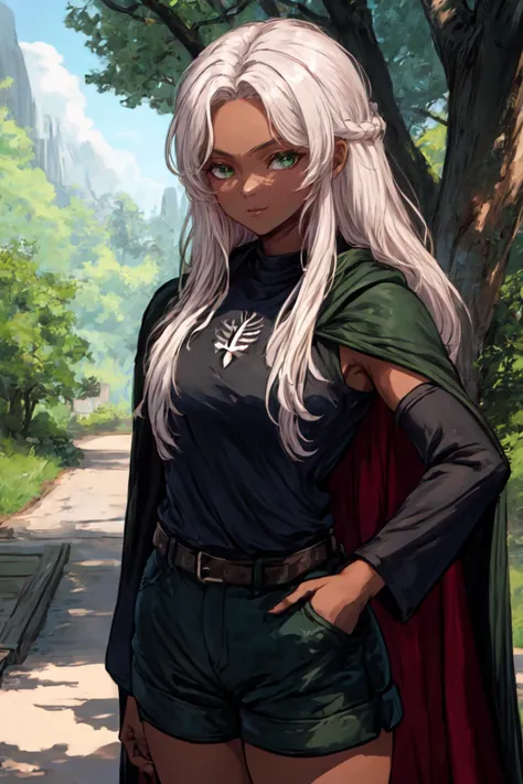 (masterpiece:1.2, best quality:1.2), ((((dark skin)))), , ((frontlocks)), depth of field:1.3, (beautiful, perfect, delicate, detailed, intricate, aesthetic:1.2), (solo), upper body, (smile, closed mouth), ((((green cloak)))), green eyes, ((((black shirt, black sleeves, black shorts)))), ((outdoors, forest, treehouse village, realistic background)),, ((white hair)), long hair, hands in pockets, <lora:FrontLocks_v004:0.50> <lora:more_details:0.45> <lora:m99_bellybuttonremover_1:1.2>