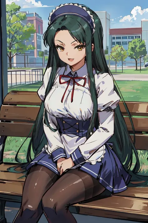 (masterpiece),best quality,<lora:Tsuruya:0.8>, tsuruya, fang, hairband, maid, waitress outfit,official alternate costume, pantyhose, sitting, park bench, park, looking at the viewer