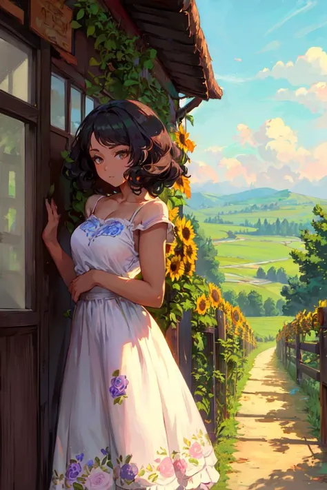 masterpiece, 1girl, "Dawn's Early Light" - A woman with African-American features and tightly curled hair looks out from a rustic porch. She is dressed in a vintage style, wearing a sunflower in her hair and a dress with an intricate floral pattern. The setting is a quiet country road at dawn, with the first light just beginning to illuminate the landscape.