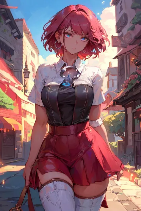 (8k, RAW photo, best quality, masterpiece:1.2), (realistic, photo-realistic:1.37), ultra highres, depth of field, chromatic aberration, caustics, Broad lighting, natural shading,Fujifilm XT3,masterpiece,ultra detailed,yui six star,1girl, solo,(pink thighhighs:1.3),white knee boots,outdoors,short hair,pink hair, red skirt, <lora:yui six star:0.6>
