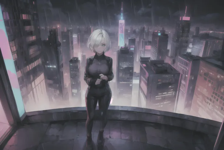 high res,view from above,1 girl,full body,cityscape,neon,(Cyberpunk),(neon city),(look at viewer),lonely,(skyscraper),rain,Thin fog,((A beautiful girl stands On the balcony on the rooftop in the city at night)),(perfecteyes eyes,Clothing details,short hair,pale skin, white hair),large breast,detailed eyes,((masterpiece, best quality, detailed face,Highly detailed, UHD, 8K,view ,beautiful,perfect lighting,shadow lighting, (highly detailed background:1.2)),colorful,night light. vector illustration,(stunning environment:1.2),<lora:add_detail:1>