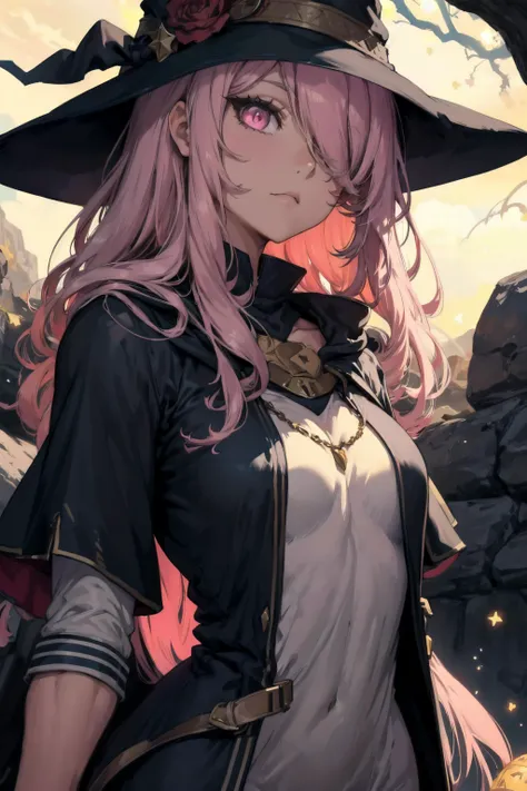 masterpiece, pink hair, bangs covering eye, desert, pink eyes, in battle, stars, beautiful lighting, medium breasts, shy, mage, witch hat