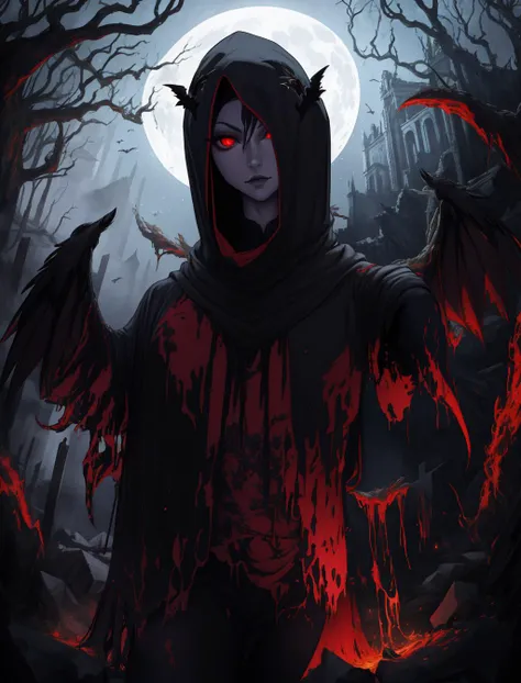 portrait, solo, half shot, looking at viewer, detailed background, detailed face, (<lora:kVoidEnergy-000001:0.5>, V0id3nergy, void theme:1.1) vampire, glowing eyes,  pale skin, vampire fangs, flowing [dark:light brown:5] clothes, hooded,  dynamic pose,      magical red glow, ravens in background, cobwebs, abandoned mansion in background, red moon,    mist,  eerie atmosphere,,  <lora:sciamano240:0.75>