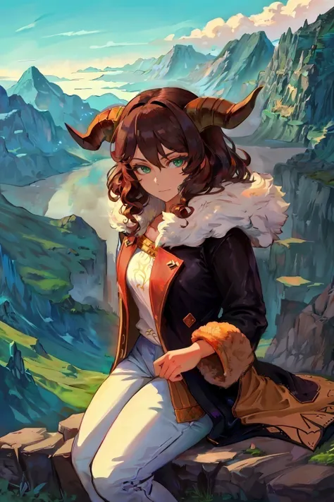 (best quality), (masterpiece), closeup, perfect lighting, perfect green eyes, looking at viewer, pensive, calm, (happy:0.8), curled goat horns, brown hair, curly hair, perfect face, 1girl, solo, warm fur coat, absurdres