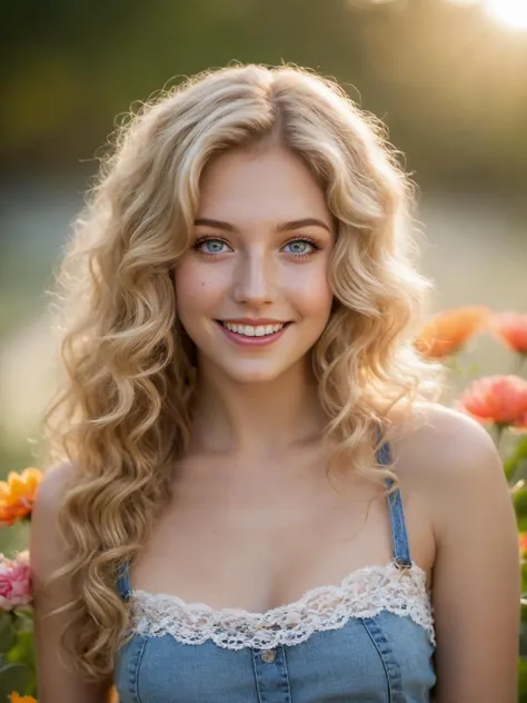 awe inspiring full body photography of a pretty seductive woman,25 years old,white lace crop top,micro low_rise denim skirt,smile,full body photo portrait,dynamic lighting,long blond hair,loose curls in hair,hair pulled to one side,pale blue eyes,laying in bright multi_color flowers,from a distance,bokeh,red flower in hair,style by Dan Winters,bold colors,sunlight,freckles,
