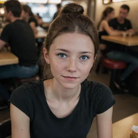 hyperdetailed, documentary photography of a 25 year old smirking girl, very skinny, pale, blue eyes, brown hair, ponytail, freckles, highly detailed face, BREAK wearing a (black crop t-shirt), BREAK (worn jeans), BREAKlooking up at viewer, sitting (dynamic pose:1.4) inside a crowded fast food restaurant in the evening, natural lighting, (seen from above:1.2), shot on Sony A7III, Porta 160, professional photographer