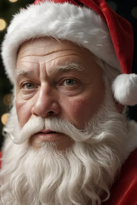 Hyperrealistic art Santa,(headshot:1.4),(facing the camera:1.2),(facing straightforward:1.2),(forward facing:1.1),bokeh,photorealistic,raw,8k,intricate details,dramatic light,award winning,RAW photography,film grain,(indistinguishable from reality:1.4),photo taken with a Bolex H16, . Extremely high-resolution details, photographic, realism pushed to extreme, fine texture, incredibly lifelike