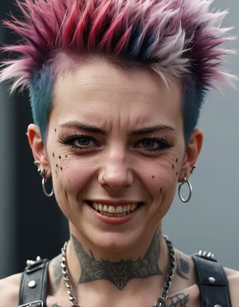 realistic skin texture, upper body portrait, photo of an punk woman, happy, f2.8, 35mm, photorealistic, highly detailed, sharp focus, haze lighting, 4k, uhd, masterpiece