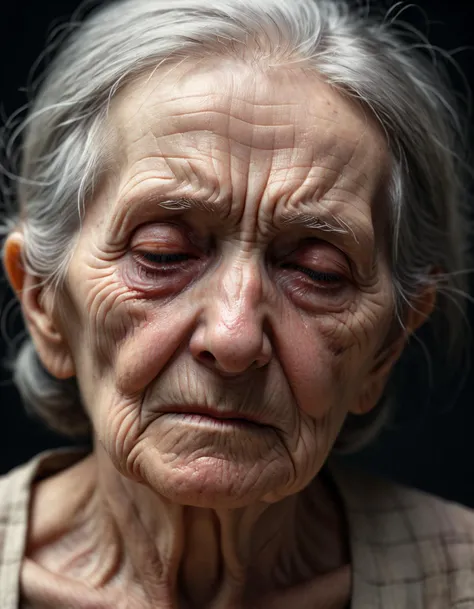 realistic skin texture, upper body portrait, photo of an old woman, exhausted, f2.8, 35mm, photorealistic, highly detailed, sharp focus, haze lighting, 4k, uhd, masterpiece