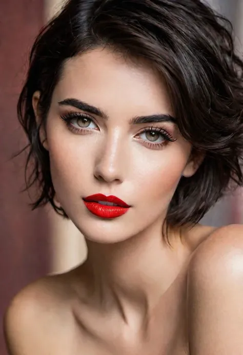concept art 21 year old European supermodel, spanish, italian, french, short dark hair, alluring, sexy, makeup, red lipstick, artsy,bokeh,f1.4,40mm,photorealistic,raw,8k,skin pores,fashion magazine cover shot,, Thorough,analog style,eye focus,highest quality,(highly detailed skin),perfect face,skin pores,(bokeh:0.6),sharp focus,dappled lighting,(backlighting:0.7),film grain,photographed on a Sony A7R IV,18mm F/1.7 cine lens,(highly detailed, intricately detailed),8k,HDR,front view,(upper body:0.9) . digital artwork, illustrative, painterly, matte painting, highly detailed