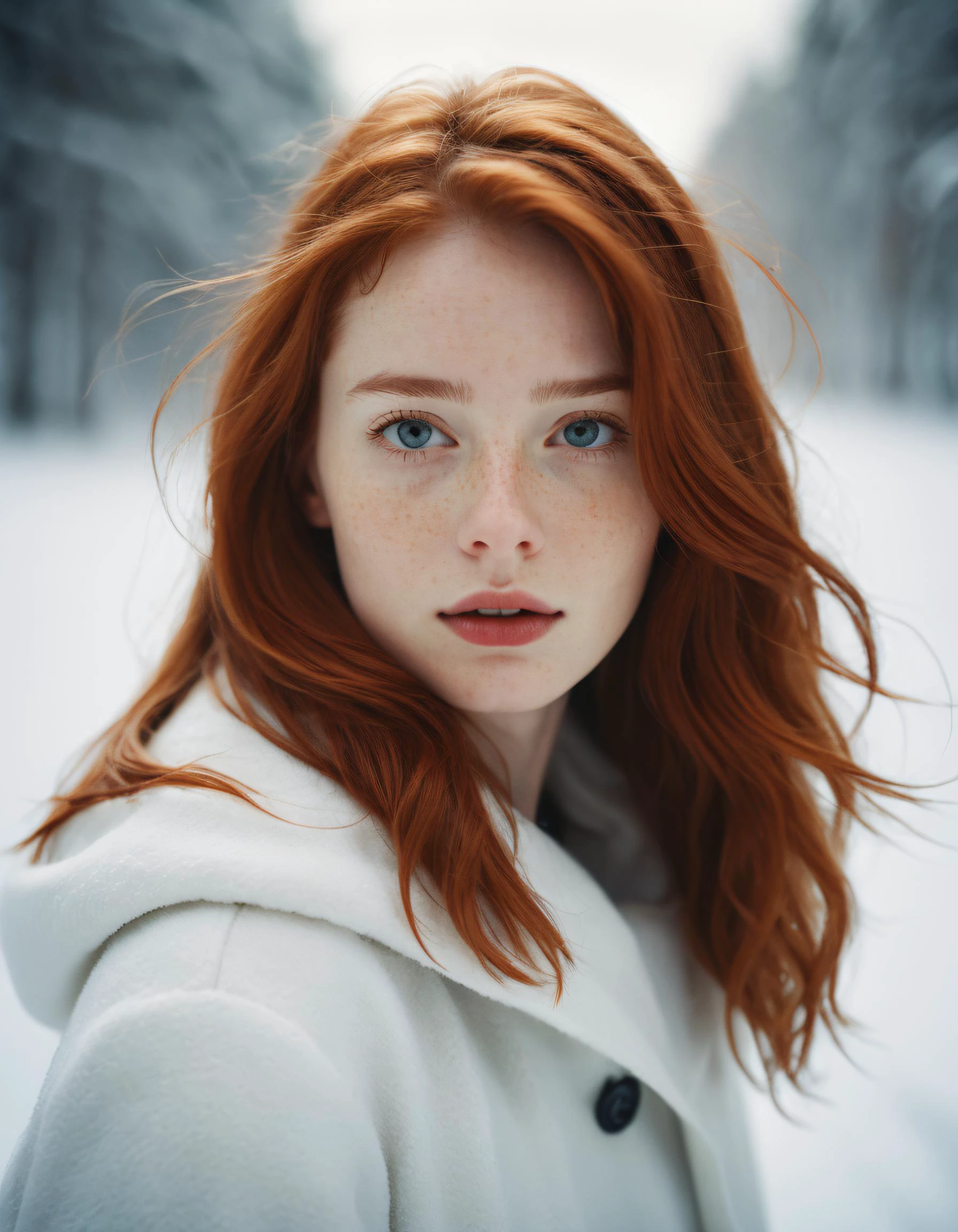 analog raw candid photo of a beautiful young woman, realistic skin texture, red hair, slim, (closed mouth:1.1), erotic, relaxed, haze lighting, winter, snow, 35mm, 8k, UHD, masterpiece