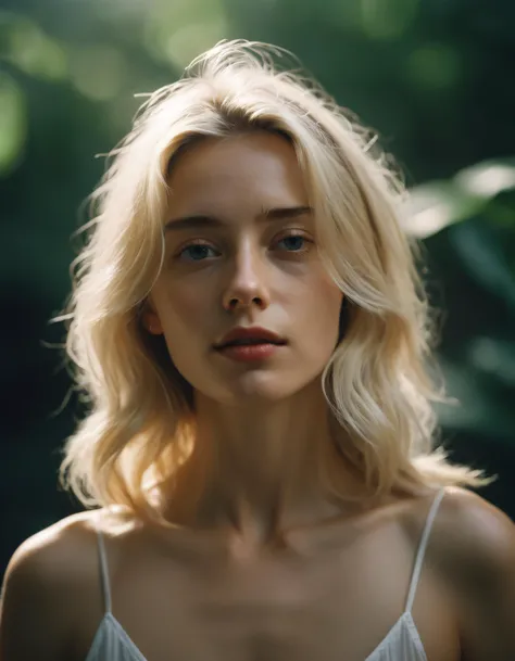 analog raw candid photo of a beautiful young woman, realistic skin texture, blonde hair, slim, closed mouth, erotic, relaxed, haze lighting, spring, 35mm, 8k, UHD, masterpiece