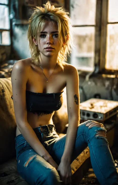 Grunge style concept art 24 year old girl,full body photo,black cotton tube top,blonde,tight denim jeans,barefoot,seductive,freckles,messy hair,sitting on a couch in a filthy apartment,Thorough,analog style,female focus,highest quality,(highly detailed skin),perfect face,skin pores,(bokeh:0.6),sharp focus,dappled lighting,(backlighting:0.7),film grain,photographed on a Sony A7R IV,18mm F/1.7 cine lens,(highly detailed, intricately detailed),8k,HDR,front view,(full body visible:1.2),. digital artwork,illustrative,painterly,matte painting,highly detailed, . Textured, distressed, vintage, edgy, punk rock vibe, dirty, noisy