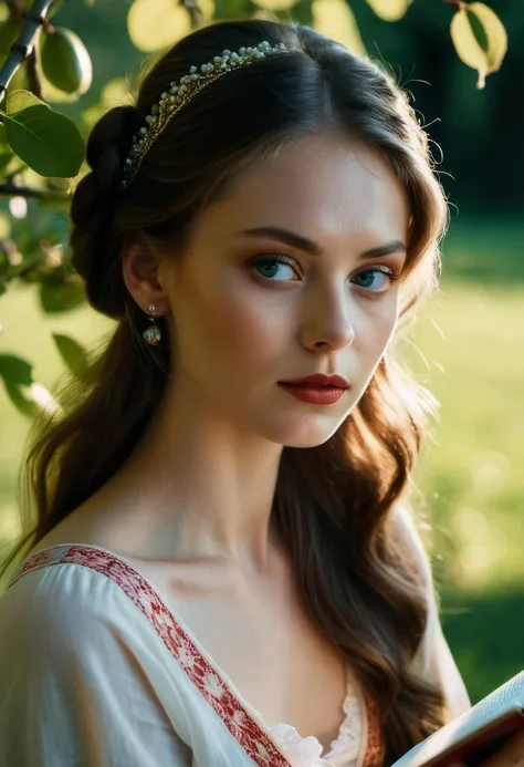 cinematic film still, Thorough,analog style, highest quality,(highly detailed skin),perfect face,skin pores, sharp focus,dappled lighting, film grain,photographed on a Sony A7R IV,18mm F/1.7 cine lens,(highly detailed, intricately detailed),8k,HDR,

18yo Russian from wealthy family, long hair, pale skin, wearing traditional Russian dress, exquisite makeup, warm skin tones, sits under a tree in an apple orchard reading a book in the sunshine, 

<lora:RMSDXL_Enhance:1>,
<lora:add-detail-xl:0.8>,
<lora:RMSDXL_Darkness_Cinema:1>,

ZipRealism, Zip2D