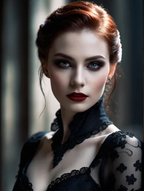 Horror-themed Masterpiece,half-body shot,an elegant 24-year-old vampire girl,mystique amidst the shadows,elegance and gothic allure,Ethereal beauty,slim body,perfect face,piercing eyes,red iris,aggressive,porcelain complexion,accentuated by eyes that gleam,outdoor,dark alley,dark mood,subtle smirk on her lips,pretty features,amazing beauty,cinematic angle,f1.4,40mm,photorealistic,raw,8k,skin pores,dried-up,textured skin,intricate details,dramatic light,award winning,style by Dan Winters,RAW photography,film grain,(indistinguishable from reality:1.4),photo taken with a Bolex H16,character,thorough,. Eerie,unsettling,dark,spooky,suspenseful,grim,, Ultra-HD-details