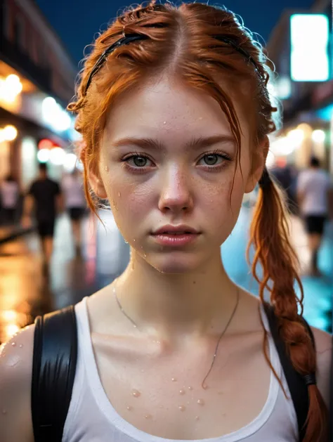 "Streetpunk Sexy" - Visualize a portrait of a young 22 year old woman on bourbon street at night. rainy night,The candid photo,taken from a distance,captures her (wet body:1.6) and indifferent expression in the midst of the urban night. She is wearing a white cotton shirt,torn denim jeans,with body sweat and wetness hinting at the city's humid atmosphere. messy hair,pigtails,long hair,ginger,candid pose,head tilt,The photo,taken with a Canon EOS 5D Mark III,showcases her natural skin texture,including blush (0.3) and pores (0.3),in hyperrealistic detail under soft,sharp lighting. The depth of field focuses on her detailed face,against a backdrop of soothing,muted colors and high contrast,creating a dark,yet gorgeous (1.2) and immersive night scene,from a distance,