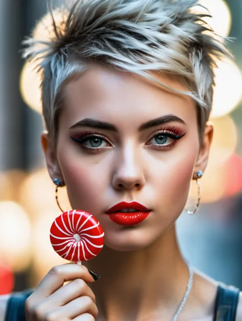 concept art 21 year old European supermodel,punk hair do,holding a small red lollipop in front of her chin,artsy,bokeh,f1.4,40mm,photorealistic,raw,8k,skin pores,fashion magazine cover shot,Thorough,analog style,eye focus,highest quality,(highly detailed skin),perfect face,skin pores,(bokeh:0.6),sharp focus,dappled lighting,(backlighting:0.7),film grain,photographed on a Sony A7R IV,18mm F/1.7 cine lens,(highly detailed, intricately detailed),8k,HDR,front view,(upper body:0.9) . digital artwork,illustrative,painterly,matte painting,highly detailed,