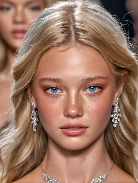 HDR,CG,sharp focus,(8k),(4k),(Masterpiece),(Best Quality),petite 22 year old supermodel on the runway,Victoria's Secret fashion show,angel,blonde,freckles,