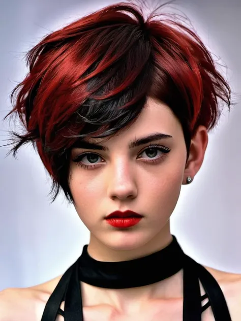 haute couture display of a Savage alluring 21yo girl tomboy, (light eyes:1.2), short red black hair, natural beauty, wearing modern stylish costume, very detailed face, seductive lady, smirk, natural lighting, highly detailed, high quality . 85mm lens, f/2.2, vibrant colors, dramatic lighting, Beautiful skinny woman<lora:epi_noiseoffset2:1>