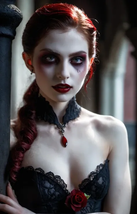 Horror-themed Masterpiece,half-body shot,an elegant 24-year-old vampire girl,mystique amidst the shadows,elegance and gothic allure,Ethereal beauty,slim body,perfect face,piercing eyes,red iris,aggressive,porcelain complexion,accentuated by eyes that gleam,outdoor,dark alley,dark mood,subtle smirk on her lips,pretty features,amazing beauty,cinematic angle,f1.4,40mm,photorealistic,raw,8k,skin pores,dried-up,textured skin,intricate details,dramatic light,award winning,style by Dan Winters,RAW photography,film grain,(indistinguishable from reality:1.4),photo taken with a Bolex H16,character,thorough,. Eerie,unsettling,dark,spooky,suspenseful,grim,Ultra-HD-details,