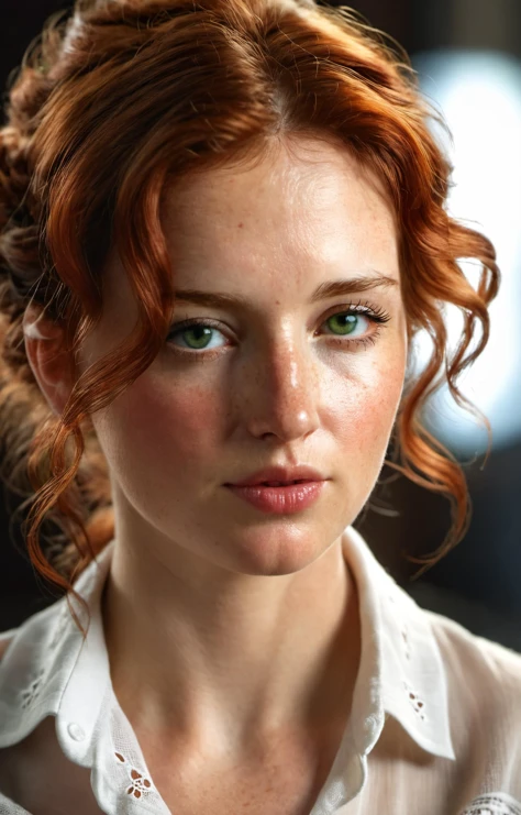 Beautiful natural red hair green eyes woman in her thirties with cute face in an open loose white party shirt and no underwear,natural light,gorgeous face thin nose full lips long curly hair,fair skin (freckles:1.2),symmetry trending on Artstation hyperdetailed Pino Daeni Wadim Kashin,, masterpiece:1.2,best quality:1.4,ultra highres:1.2,photorealistic:1.2,uhd,hdr,8k,intricate details,filigree details,unreal engine 5,ray tracing:1.2,(low lighting:1.2),(dramatic cinematic lighting),vibrant colors,vivid colors,nsfw,Award-winning portrait by Helmut, HDR image,true to life image,soft eyes,natural skin,high detailed face,high detailed cloth,film photography,cinematic lighting,sharp focus,(very detailed),((4K HQ)),depth of field,8K,HDR,High contrast,shadows,bokeh,(detailed skin texture),(detailed clothing),(detailed background),(highly detailed skin),realistic texture,realistic shadows