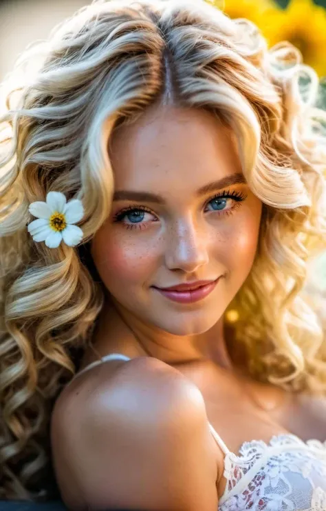 awe inspiring full body photography of a pretty seductive woman,25 years old,white lace crop top,micro low_rise denim skirt,smile,full body photo portrait,dynamic lighting,long blond hair,loose curls in hair,hair pulled to one side,perfect blue eyes,laying in bright multi_color flowers,from a distance,bokeh,red flower in hair,style by Dan Winters,bold colors,sunlight,freckles,Ultra-HD-details,detailed eyes,