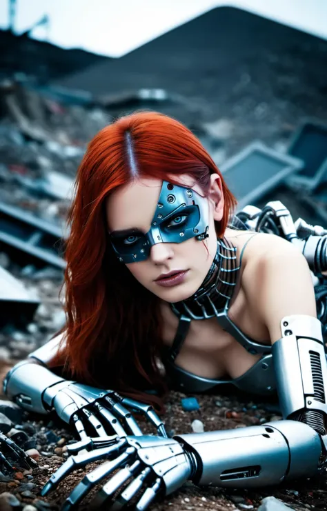 Dystopian style Photo of a broken ruined cyborg girl in a landfill,robot,body is broken with scares and holes,half the face is android,laying on the ground,creating a hyperpunk scene with desaturated dark red and blue details,colorful polaroid with vibrant colors,(vacations, high resolution:1.3),(small, selective focus, european film:1.2),art by Clive Barke and by Greg Rutkowski and by H.R. Giger,glow effects,godrays,Hand drawn,render,8k,octane render,cinema 4d,blender,dark,atmospheric 8k ultra detailed,cinematic,Sharp focus,big depth of field,Masterpiece,3d octane render,8k,concept art,trending on artstation,hyperrealistic,extremely detailed CG unity 8k wallpaper,trending on CGSociety,Intricate,High Detail,dramatic . Bleak,post-apocalyptic,somber,dramatic,highly detailed,