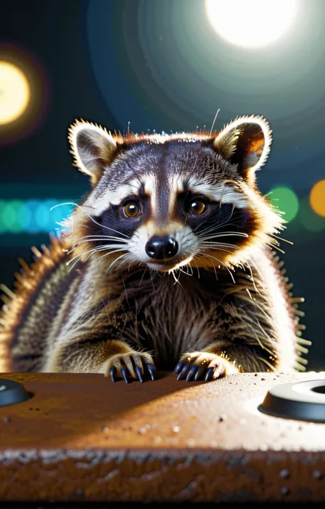 cinematic film still raccoon,cinematic film still photography in the style of detailed hyperrealism photoshoot,creature,fantasy,James Christensen,bold lines,hyper detailed,. shallow depth of field,vignette,highly detailed,high budget,bokeh,cinemascope,moody,epic,gorgeous,film grain,grainy,glow effects,godrays,Hand drawn,render,8k,octane render,cinema 4d,blender,dark,atmospheric 4k ultra detailed,cinematic,Sharp focus,big depth of field,Masterpiece,colors,3d octane render,4k,concept art,trending on artstation,hyperrealistic,Vivid colors,extremely detailed CG unity 8k wallpaper,trending on CGSociety,Intricate,High Detail,dramatic . shallow depth of field,vignette,highly detailed,high budget,bokeh,cinemascope,moody,epic,gorgeous,film grain,grainy,