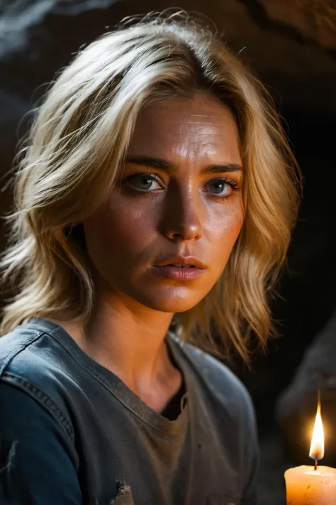 photograph of a woman,(troubled facial expression:1.1),textured skin,goosebumps,(blonde hair:1.2),weathered tshirt,distressed boyfriend jeans,long sleeves,(candlelight,chiaroscuro:1.1),cowboy shot,dark and mysterious cave with unique rock formations and hidden wonders,perfect eyes,Porta 160 color,shot on ARRI ALEXA 65,bokeh,sharp focus on subject,shot by Don McCullin, style by Dan Winters,RAW photography,film grain,(indistinguishable from reality:1.4),photo taken with a Bolex H16, Hyperrealistic art cinematic film still photography in the style of detailed hyperrealism photoshoot