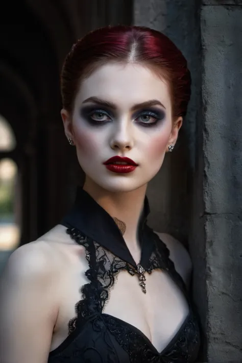 Horror-themed Masterpiece,half-body shot,an elegant 24-year-old vampire girl,mystique amidst the shadows,elegance and gothic allure,Ethereal beauty,slim body,perfect face,piercing eyes,red iris,aggressive,porcelain complexion,accentuated by eyes that gleam,outdoor,dark alley,dark mood,subtle smirk on her lips,pretty features,amazing beauty,cinematic, style by Dan Winters,RAW photography,film grain,(indistinguishable from reality:1.4),photo taken with a Bolex H16, Hyperrealistic art cinematic film still photography in the style of detailed hyperrealism photoshoot