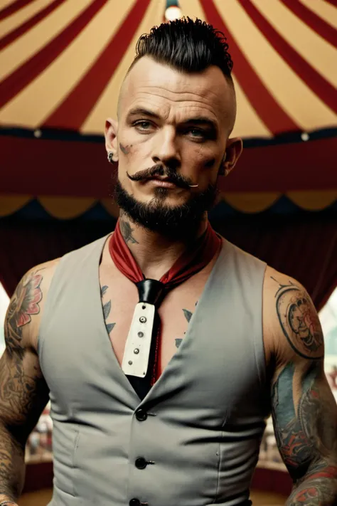 a heavily tattooed circus ringmaster stands inside the circus tent,engaging the viewer,close up,masterpiece photograph,sleeveless shirt, Hyperrealistic art cinematic film still photography in the style of detailed hyperrealism photoshoot, style by Dan Winters,RAW photography,film grain,(indistinguishable from reality:1.4),photo taken with a Bolex H16