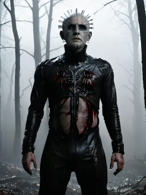Horror-themed man,<lora:p1nheadXL:1>,p1nheadxl, Hyperrealistic art cinematic film still photography in the style of detailed hyperrealism photoshoot, Full Body Photograph,Full Body Portrait, Full Body Visible, From a Distance, . Eerie, unsettling, dark, spooky, suspenseful, grim, highly detailed
