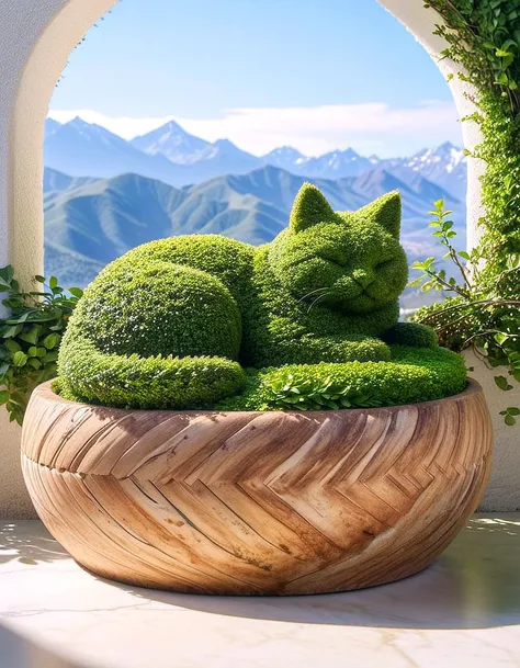 wide view, mad-hecke cat, sleeping on marble planter wooden pot, 8k, colorful scenic mountains clear sky through window panes background,