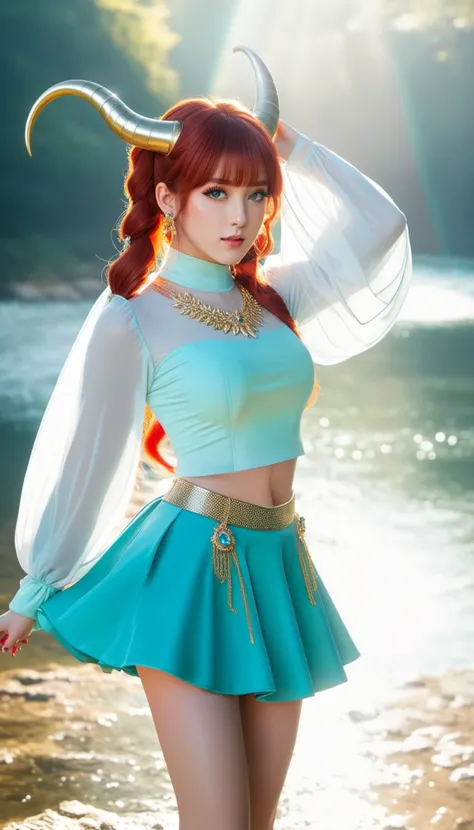 1girl, solo, back light, rainbow, aqua eyes, fake horns, red hair, long hair, crop top, jewelry, horns, veil, bracer, brooch, puffy long sleeves, skirt, bangs, low twintails, puffy sleeves, neck ring, gold trim, parted bangs, arm up, blue skirt, hair ornament, detached sleeves, floating hair, gem, hair flower, blue gemstone