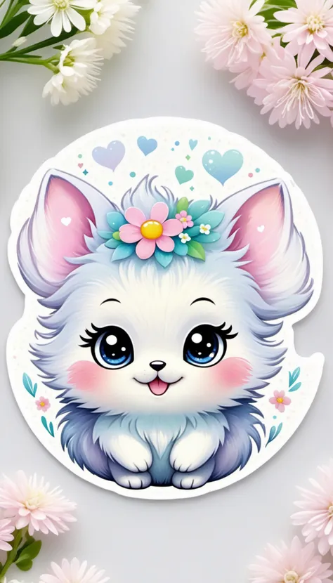 Sticker of a cute, round little animal with big, sparkling eyes and a gentle smile on its face. It has soft, pastel-colored fur. The small critter is surrounded by dainty, heart-shaped flowers in complementary pastel shades, adding to the sticker's overall charm.The white background provides the perfect canvas for this adorable creature, allowing its pastel features to pop and catch the eye. The sticker design exudes a warm and playful energy, making it an endearing addition to any item it adorns.