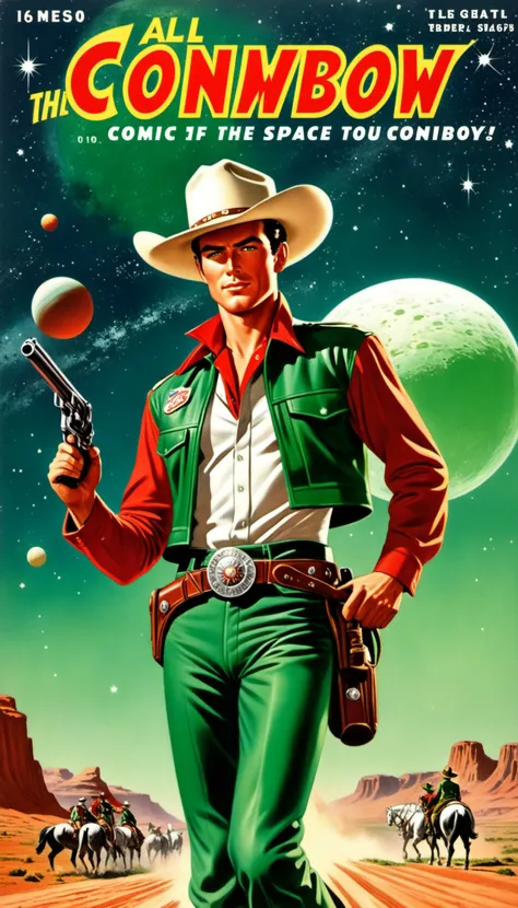 a cover for a comic book, a comic book cover about all space cowboy, 1 cowboy wearing a hat in the style of amazing stories, 1940s 1950s, red and green, comic art, realistic genre scenes, romanticized realism dynamic