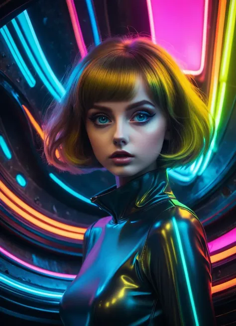 Ombre color scheme of neon green, neon yellow, neon blue, neon pink, neon orange, cinematic photo (in style of RAYMOND LOEWY:1.4) young big eyed (alien girl:1.2), in the style of textured illustrations, dark gray and bronze, online sculpture, naoto hattori, jeremy lipking, dark sky-blue and orange <lora:Niji_glitch__neon_aesthetic:0.8> neon glitch <lora:GigerRainbowXL:0.49> g1h3r <lora:MJ52:0.7> <lora:ral-hnycmb:0.44> ral-hnycmb <lora:Retro_Ink_SDXL:0.38> retro ink <lora:Epic_Surreal:0.5>, subsurface scattering, Photorealistic, Hyperrealistic, analog style, realistic, film photography, soft lighting, heavy shadow, 35mm photograph, film, bokeh, professional, 4k, highly detailed