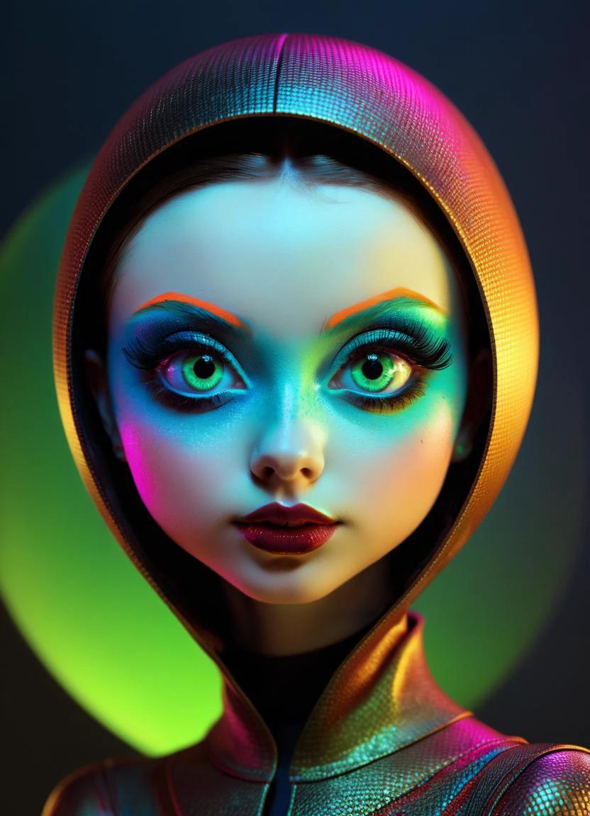 cinematic photo Ombre color scheme of neon green, neon yellow, neon blue, neon pink, neon orange, (in style of RAYMOND LOEWY:1.4) big eyed (alien woman:1.2), in the style of textured illustrations, dark gray and bronze, online sculpture, naoto hattori, jeremy lipking, dark sky-blue and orange <lora:Niji_glitch__neon_aesthetic:0.8> neon glitch <lora:GigerRainbowXL:0.49> g1h3r <lora:MJ52:0.7> <lora:ral-hnycmb:0.44> ral-hnycmb <lora:Retro_Ink_SDXL:0.38> retro ink <lora:Epic_Surreal:0.5> <lora:ip-adapter-faceid-plusv2_sdxl_lora:0.5> <lora:bigeyes-v2_16x8-4x1:4> big eyes , subsurface scattering, Photorealistic, Hyperrealistic, analog style, realistic, film photography, soft lighting, heavy shadow, 35mm photograph, film, bokeh, professional, 4k, highly detailed