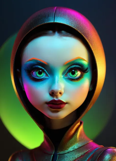 cinematic photo Ombre color scheme of neon green, neon yellow, neon blue, neon pink, neon orange, (in style of RAYMOND LOEWY:1.4) big eyed (alien woman:1.2), in the style of textured illustrations, dark gray and bronze, online sculpture, naoto hattori, jeremy lipking, dark sky-blue and orange  <lora:Niji_glitch__neon_aesthetic:0.8> neon glitch <lora:GigerRainbowXL:0.49> g1h3r <lora:MJ52:0.7> <lora:ral-hnycmb:0.44> ral-hnycmb <lora:Retro_Ink_SDXL:0.38> retro ink <lora:Epic_Surreal:0.5>  <lora:ip-adapter-faceid-plusv2_sdxl_lora:0.5> <lora:bigeyes-v2_16x8-4x1:4> big eyes , subsurface scattering, Photorealistic, Hyperrealistic, analog style, realistic, film photography, soft lighting, heavy shadow, 35mm photograph, film, bokeh, professional, 4k, highly detailed