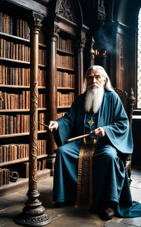a 120 year old wizard sits in an ancient library, arcane scrolls,magical books,wands,staffs,magical trinkets,ancient artifacts,shelves,, Hyperrealistic art cinematic film still photography in the style of detailed hyperrealism photoshoot